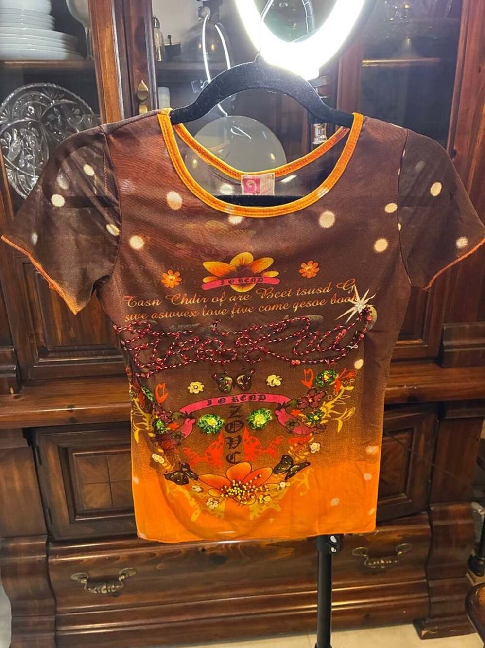 Y2K Mesh Graphic Tee Brown Orange Sequin Bling